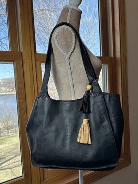 The Sak Huntley Black Leather Tote Slouchy Boho Tassel Shoulder Bag Large